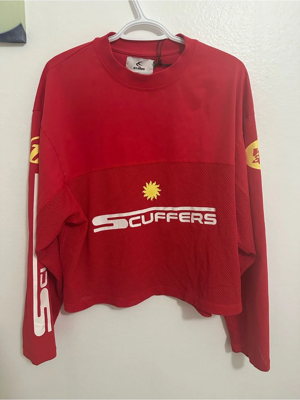 SCUFFERS Oversized Men Red Crewneck Mesh Pullover Sweater